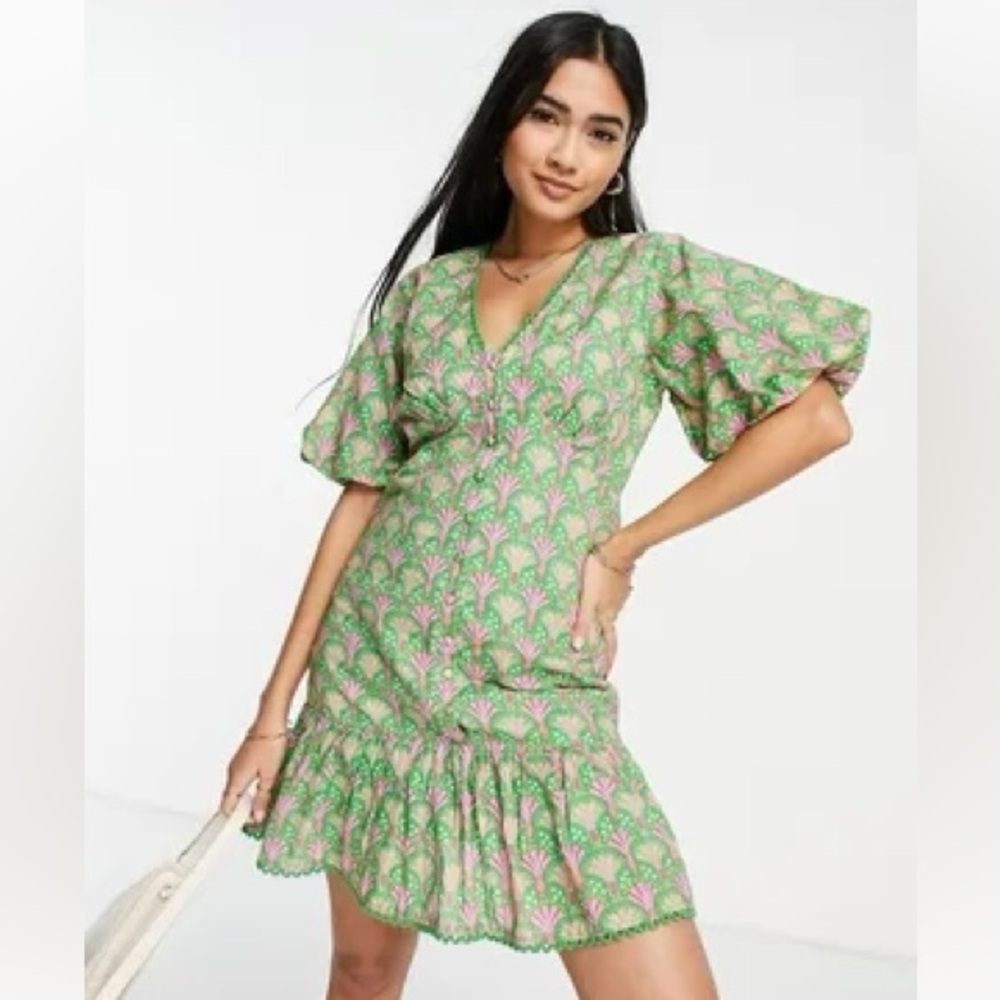 Never Fully Dressed Green & Pink Boho Cocktail Mini Dress | Size 4